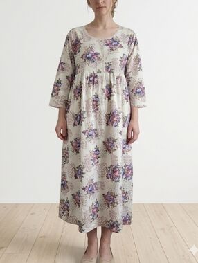 S/M Vintage 100% Cotton Floral Ivory Maxi Dress Nightgown Purple Bouquet Print